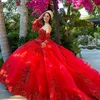 Mexicaanse donkerrode vestidos de 15 a￱os Quinceanera-jurken met verwijderbare mouwen Paillettenapplique Sweet 16-jurk Lange promjurk