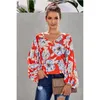 Kvinnors Blusar Skjortor Vintage Lantern Sleeve Skjorta Topptryck Lös V-Neck Casual Stitching Outdoor Party Chemise Femme 2021