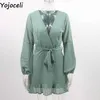 Yojoceli Casual sashes bow ruffle short dres Autumn elegant blue mini beach Elegant daily v neck party 210609
