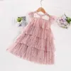 pink vintage long dress age for 2 - 10 yrs little girls lace sequins princess costume summer kids cupcake dress baby girl frocks Q0716