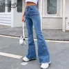 Benuynffy bouton mouche femmes ourlet brut Flare Jean automne mode Femme Denim pantalon Jean Femme taille haute pleine longueur mince 220310