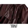 TRAF femmes mode avec nœud Faux cuir Blouses Vintage col haut à manches longues femmes chemises Blusas Chic hauts 210415