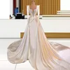 Arabisk Aso Ebi Satin Mermaid Evening Dress Långärmade Sweetheart Ruched Overskirts Beaded Court Train Prom Dress Vestidos de Novia Custom Made