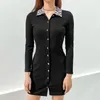 Robe de femme noire à rayures zébrées à simple boutonnage à col rabattu automne côtelé à manches longues moulante sexy mini robe de soirée 210415