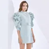 Blue Dress Women Turtleneck Puff Half Sleeve High Waist Lace Up Bownot Midi Dresses Female Summer Clothes 210520