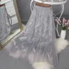 Yofeai Kvinnors Långkjol Pläterad Midja Elascity Faldas Party Fashion Mesh Lös Broderi Beading High 210621