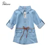 Brand New Infant Child Kids Girl Denim Dress Jeans Pocket Long Sleeve T-shirt Loose Shirt Mini Dress Fashion Clothes 2-7T Y0726