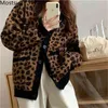 Корейский винтажный утолщение леопарда женщины кардиган пальто зима с длинным рукавом V-образным вырезом однобортный мода женская повседневная куртка 210513