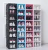두꺼운 플라스틱 신발 상자 랙 지우기 방진 신발 보관 상자 투명 플립 캔디 색상 쌓을 수있는 신발 주최자 도매