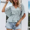 Surplice Boyun Ditsy Çiçek Baskı Üst Bluz Kadın Yaz Kısa Kollu Boho Casual Bayanlar Peplum 210510