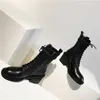 Meotina Motorcykel Stövlar Kvinnor Real Leather High Heel Mid Calf Boots Zip Chunky Heel Shoes Cross Bundet Ladies Stövlar Svart Storlek 40 210608