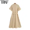 TRAF Women Fashion met riem button-up midi jurk vintage revers kraag korte mouw vrouwelijke jurken Vestidos mujer 210415