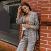 Fashion plaid women suits Long sleeve Single-breasted belt pants set Office ladies two-piece blazer sets 210414