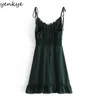 Vintage mörkgrön sexig sling klänning kvinnor v nacke ärmlös a-line mini chiffong semester sommar strand robe femme 210514