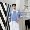 IEFB / desgaste masculino de verão camisa de manga curta masculino estilo coreano moda azul e branco contraste cor grande colarinho laço solto 9Y2967 210524