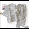 Sleepwear Underkläder Apparel Drop Leverans 2021 Spring Mens 100percent Cotton Hanfu Badrock Kimono Pajama Ställ in V-hals tre fjärdedel pyjamas mig