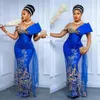 Abito da sera blu reale aso ebi sirened a v-collo tassel satinato fiore di rinestina di tulle moda plus size abiti da ballo da ballo