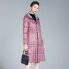 Розовый Длинный пиджак Женщины зима тонкий теплый двухсторонний пальто женский ультра свет вниз парку с капюшоном дамы пальцев 210819