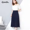 Qooth chic elegant vår sommar chiffong midi pläterade kjolar elastisk hög midja kalv längd långa bottnar med halvfoder qt194 210518