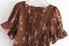 Vintage Frankrijk Back Elastic Ruched Coffee Floral Print Shirt Boog Crop Tops Vrouwen Chiffon Short Puff Sleeve Blouse 210429