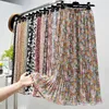 Summer Skirts Womens Vintage Floral Print Chiffon Pleated Elastic High Waist Casual Midi Women Clothes Jupe 220221