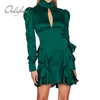 Sommar Vintage Kvinnor Stain Party Mini Ruffle Puff Sleeve Silk Shiny Bodycon Short Night Club Dress 210415