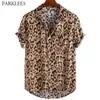 Wild Leopard Print T-shirts för män Casual Summer Mens Kortärmad tröja med fickbunke Lapel Men Shirt Camisas Hombre 210524