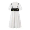 夏のヴィンテージ2個セットルーズホワイトシャツドレス+プリントショートベスト女性のヴェスティドスーツエレガントなボタンフェムスローブの学生210619
