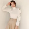 Hiver de style coréen Tempérament pour femmes Slim Pullsovers Trièce le col haut de colle de couture à l'épaule coule de dentelle de dentelle Top 210506