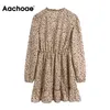 Moda Leopar Baskı Mini Kadın V Boyun Fırfır Uzun Kollu Vintage Elbise Bir Çizgi Elastik Bel Günlük Elbise 210413