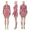 ANJAMANOR Glitter Pink Sexy Dress Birthday Party Club Wear Long Sleeve Mini Dress New Arrivals 2021 Bodycon Shirt Dress D27-AG26 X0521