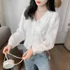 Autumn White Embroidery Blouse Retro High Waist Short V-neck Puff Sleeve Lace Shirt Women Blusas Mujer De Moda 10536 210521