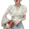 Short Sleeve V-neck Blouse Summer Sweet Lace Ruffle Stitching Women Tops Crochet Mesh Chiffon Shirt Blusas 14174 210528