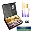 24 pcs Gold-banhado de jantar conjunto 304 faca de aço inoxidável garfo colher mesa de mesa com caixa de presente fina mesa de mesa conjunto de presente de fábrica preço de design de especialista mais recente