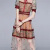 Estate elegante manica corta stampata floreale abito da donna in pizzo con fiocco a-line femminile dolce principessa vintage increspature vestido 210603