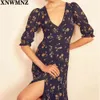 Fashion half Sleeve women midi Dress Woman Vintage Floral Print Navy split opens Dresses France Chiffon vestidos 210520