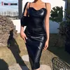 Kobiety Spaghetti Slim Punk Rave Dress Lady Backless Letnia Sukienka Sexy Odzież Niski Cut Black PU Skórzana kolana Długość Bodycon Dresse 210709