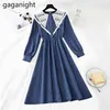 Office Ladies Hollow Out Lace Dresses Solid Peter Pan Collar Slim Elegant Basic Robes Regular Long Sleeve Spring 210601