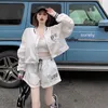 여자 트랙 슈트 반바지 반드시 여름 2021 한국 스타일 패션 인쇄 선 스크린 코트 하이 허리 와이드 다리 바지 2 피스