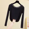 Korean Women Fashion Off Shoulder Tshirt Tunic Tops Long Sleeve Soft T-shirt Hollow Out Sexy Tops Black White 210604