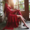 Split Maxi Dress Woman Red Solid Bomull och Linne Lantern Sleeve V-Neck Boho Sexig Long Kvinna Wizard Vestido 210603