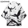 GONTHWID Herren Rabe Krähe Vogel Druck Japanische Kimono Strickjacke Jacke Tops Shirts Streetwear Harajuku Hip Hop Casual Lose Mäntel 210811