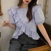 Ezgaga Koreaanse Mode Ruffles Vrouwen Blouse Blauw Shirts Zomer Korte Mouw Solid All-Match Crop Tops Sweet Casual Blusas 210430