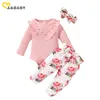 0-18M Autumn born Infant Baby Girl Clothes Set Soft Knitted Ruffles Romper Bow Flower Pants Outfits Costumes 210515