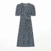 Sexy Short Sleeve Wrap midi Dress France Blue Rose Tree Print Women Chic Summer dress shawl collar cover Split vestidos 210510