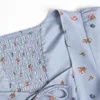 Vintage Slim Elastic Top Francia Stampa floreale Blu Camicetta da donna Elegante blusas mujer de moda Center Bow Tee 210520