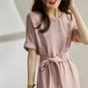 Summer Dress Elegant High Quality Fashion Concise Dreeses O-neck Pink Loose Waist Office Lace Up Soft Thin Female 210514