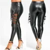 Kobiety PU Leather Skinny Slim Spoder Gothic Punk Legginsy Fishnet Trim Lace Pant Faux Ołówek Spodnie Odzież 211115