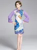 Fashion Cartoon Printed Summer Women Mandarin Collar Chiffon Flare Sleeve Patchwork Cheongsam A-Line Vintage Dress 210416