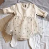 Baby Bodysuit Barnens stickning Mesh Princess Puff kjol Triangle Ha Yi Crawling Suit med Fart Coat 210515